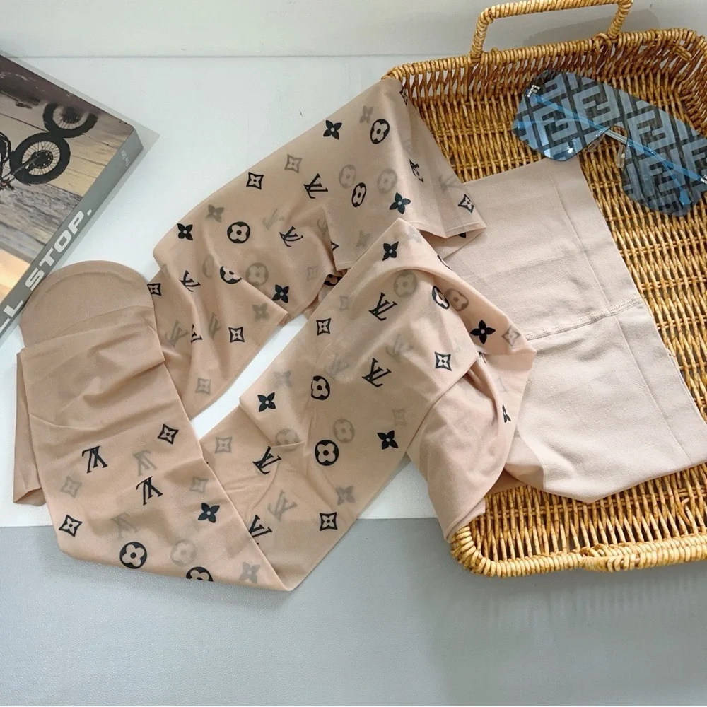 Beige Monogram Sheer Socks with Black Logo Motifs